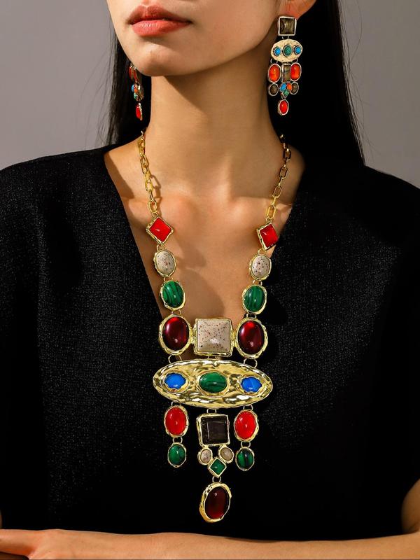 Vintage Ethnic Style Colorful Earrings & Pendant Necklace, Rhinestone Turquoise Texture Decor Jewelry Set for Party, Daily Clothing Decor, Trendy All-match & Exquisite Jewelry for Gift 0