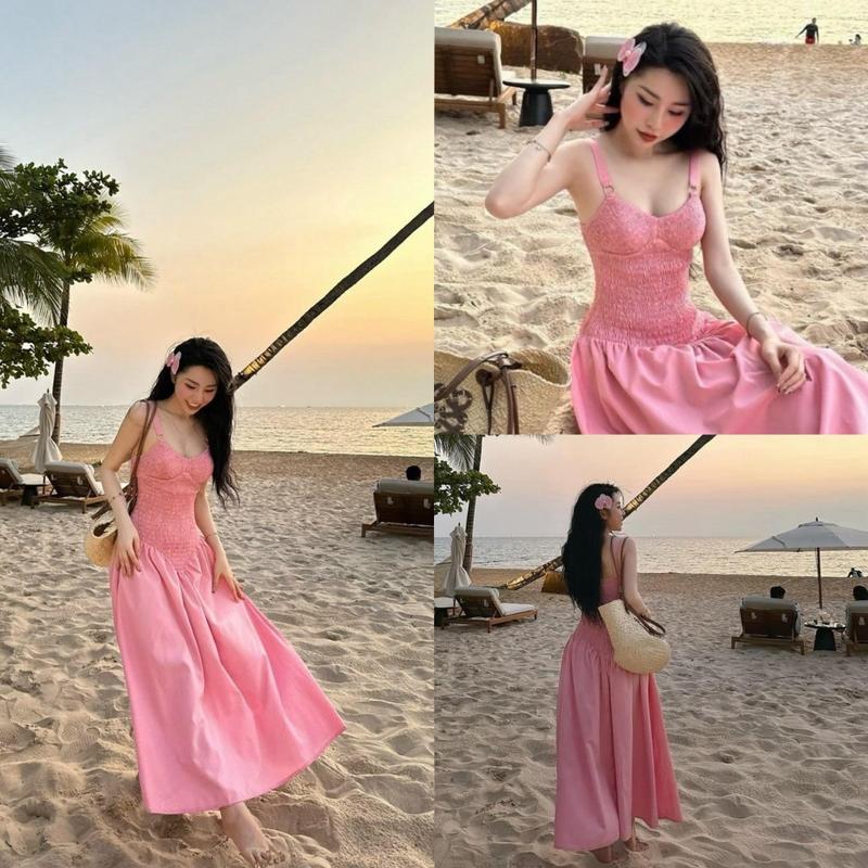 Váy Đi Biển Hồng 2 Dây Chun Ôm Maxxi, Chất Thô QCCC Siêu Đẹp Nữ Women 0