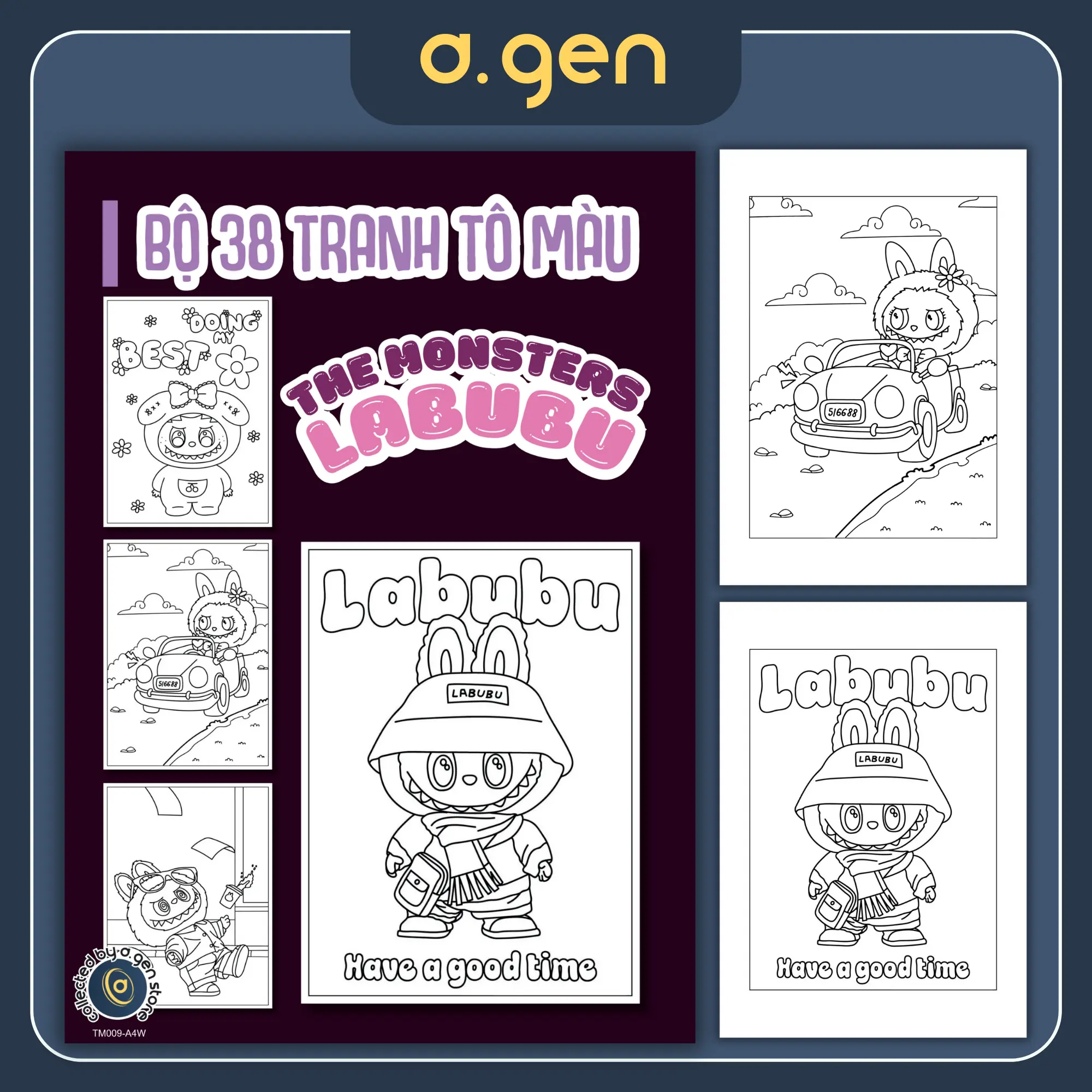 Bộ 38 tờ tranh tô màu Quái vật thỏ - The Monsters Labubu Macaron TM009-A4W, giấy A4 kích thước lớn - Toy, Đồ Chơi