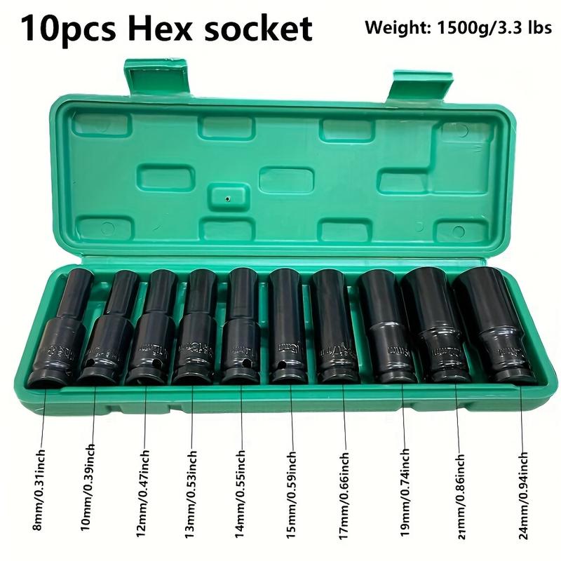 10pcs Set 1/2 Inch 8-24mm Electric Long Socket Wrench Tool Socket Wrench Adapter Hand Tool Car Home Industrial Repair Tool Socket Kit 4