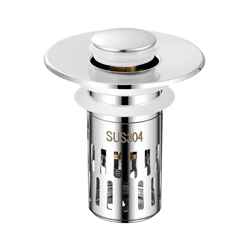 Stainless Steel Washbasin Drain Stopper, 1 Count Press Type Sink Plug, Insect Proof and Anti Blocking Filter Screen, Bathroom Supplies 0