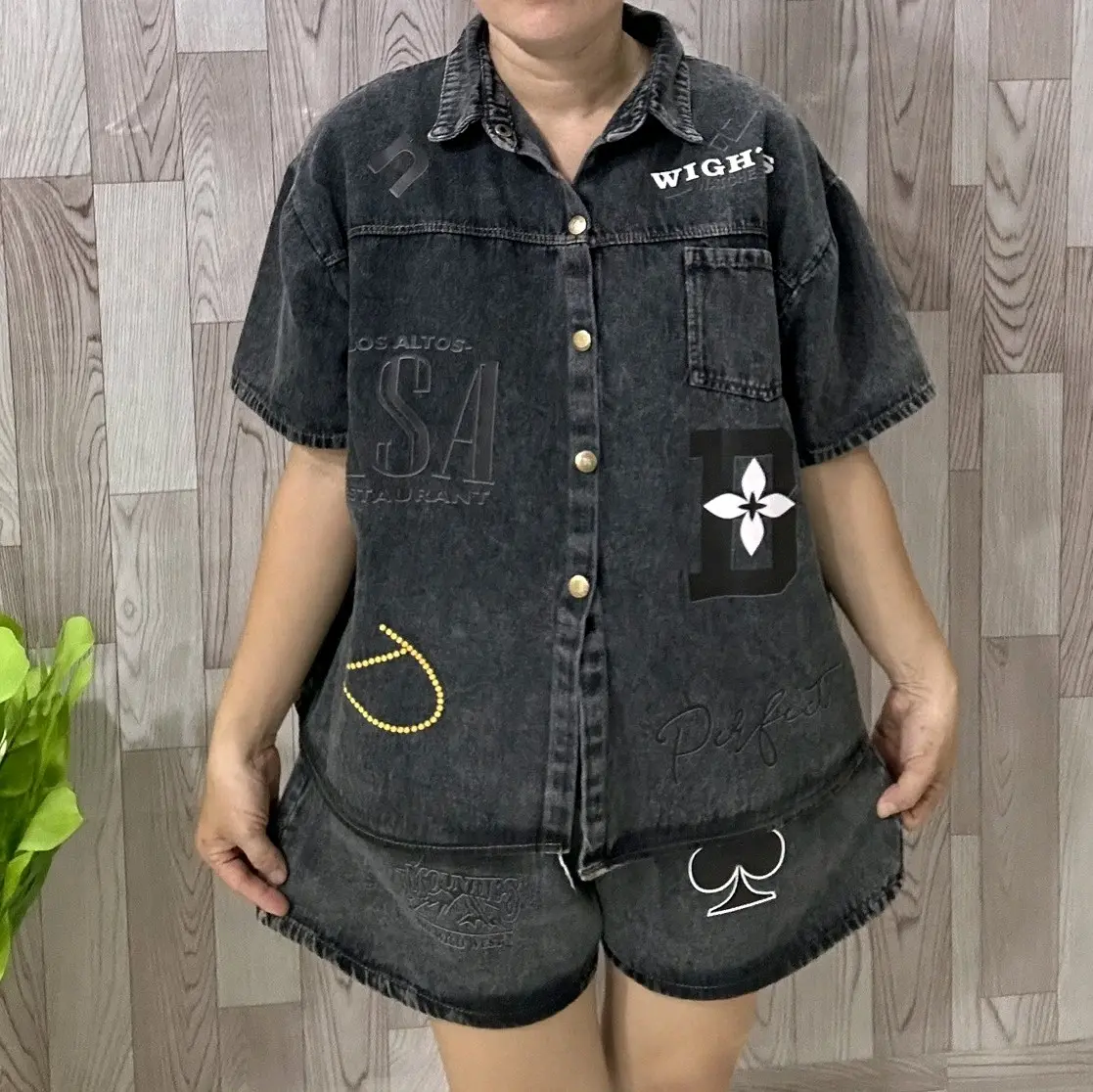 sét jeans đùi sơ mi cho nữ in chữ