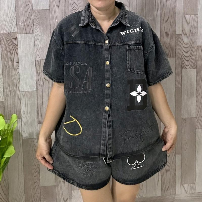 sét jeans đùi sơ mi cho nữ in chữ 0