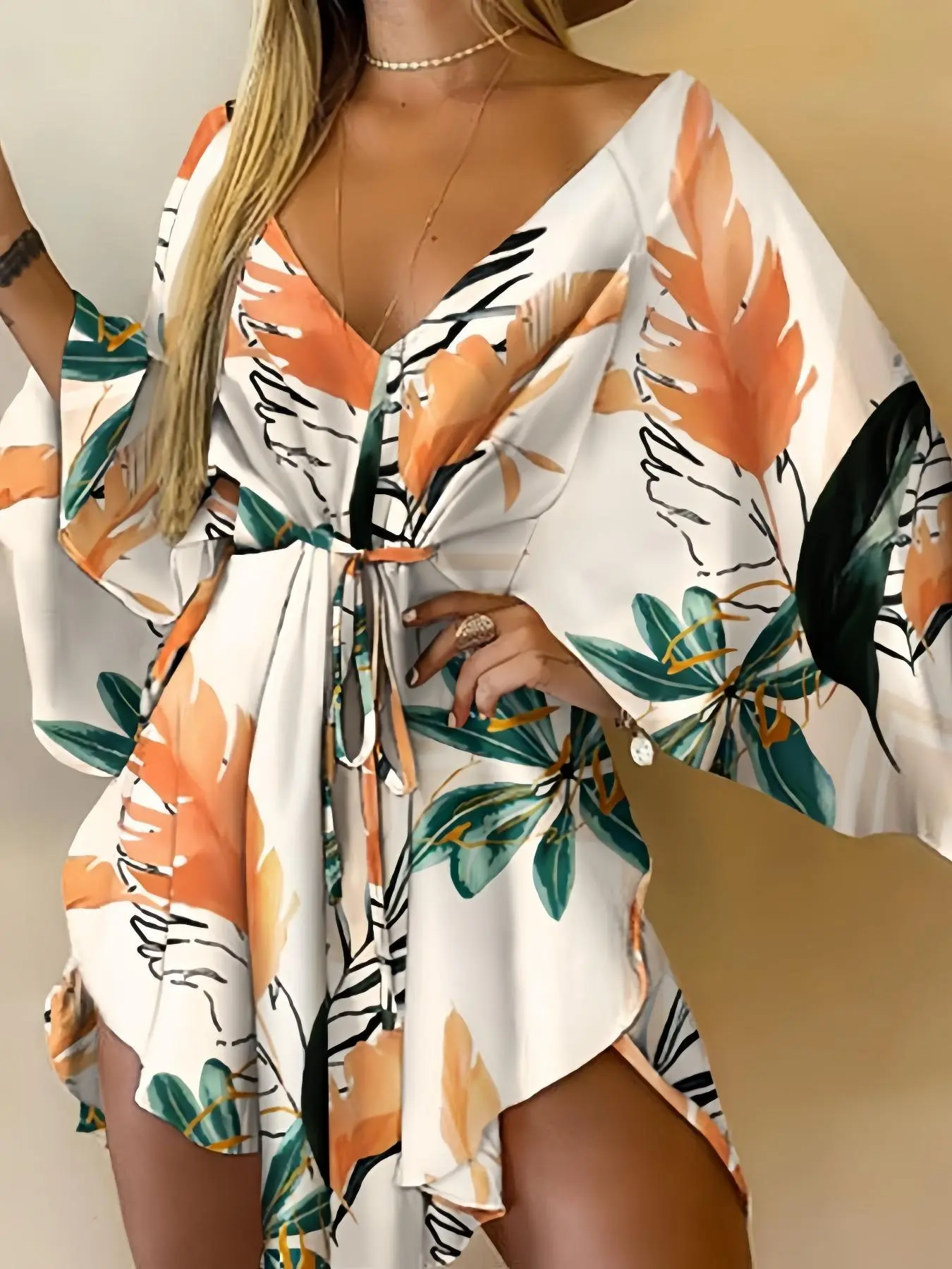Women's Plants Print Tie Front Dress, Casual Asymmetrical Hem Short Dress for Summer, Ladies Clothes for Beach Holiday Vacation,  Holiday Dresses