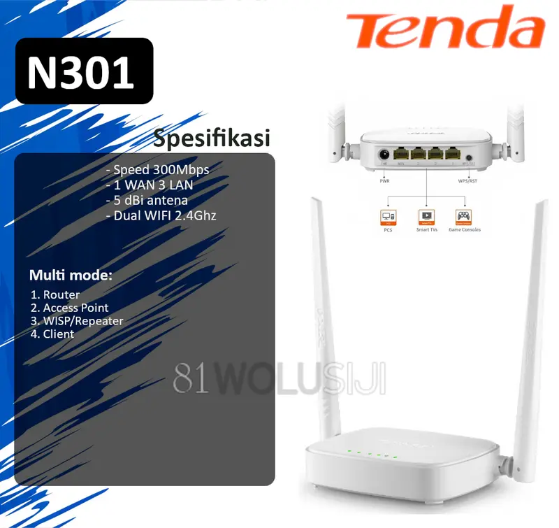 Tenda N301 Wireless/Wifi N Router 300Mbps Access Point Repeater WISP support - 2 Antena eksternal 2.4Ghz Sinyal WIFI 0