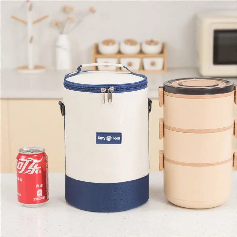 Túi Cách Nhiệt Tròn, Hàng Mới Về, Dây Đeo Vai, Hình Trụ, Nhiều Lớp, Thích Hợp Cho Hộp Cơm Trưa, Nhân Viên Văn Phòng Và Trường Học, Túi Ăn Trưa Đeo Chéo Cầm Tay Bag buffet  box 4