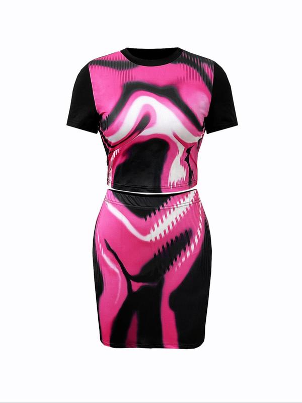 Two-Piece Set Women's Colorblock Skirt Set, Casual Shortsleeve Crop Tee & High Waist Bodycon Skirt for Summer, Summer Clothes for Daily Wear, Co Ord Set Summer 2