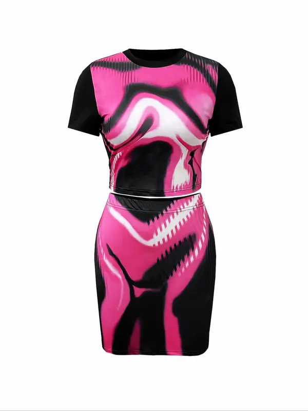 Two-Piece Set Women's Colorblock Skirt Set, Casual Shortsleeve Crop Tee & High Waist Bodycon Skirt for Summer, Summer Clothes for Daily Wear, Co Ord Set Summer 2
