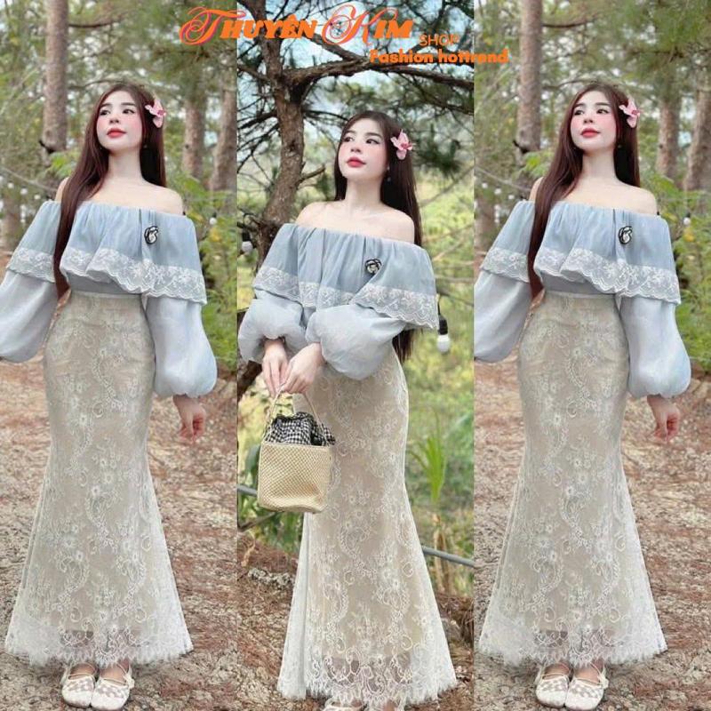 Set dichoi thiết kế váy đuôi cá dáng dài Chất Ren hoa 2 lớp phối áo Chất Voan phối Ren tay bồng trễ vai đính hoa phụ kiện đi chơi, du lịch, đi tiệc, đi làm xinh, sang chảnh, tôn dáng