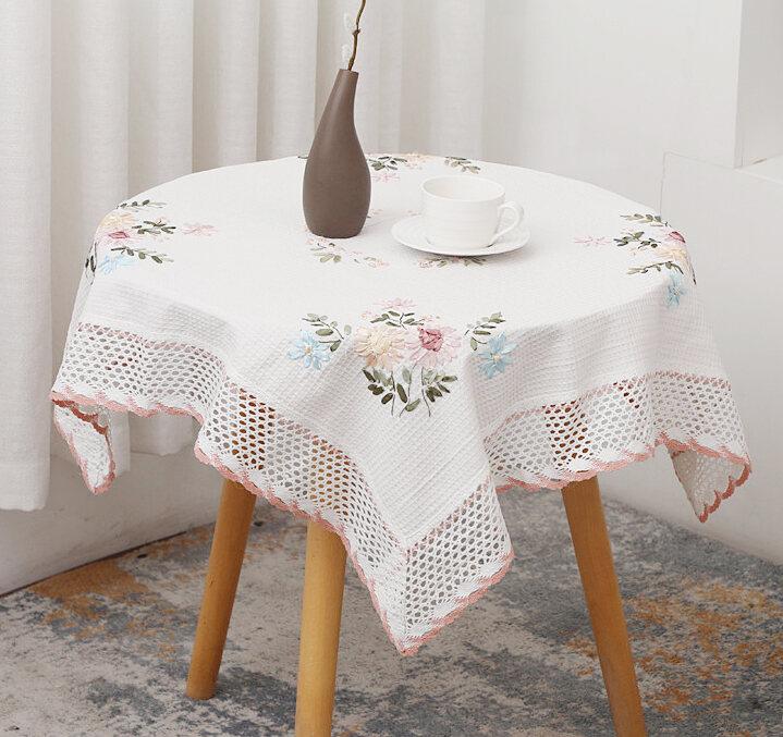 Product Introduction of White Square Tablecloth Fabric Cotton and Linen Indie Style Rectangular Table Cover Round Tablecloth Pastoral Tablecloth Embroidery 4