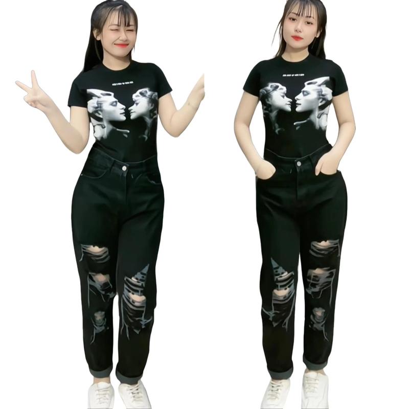 Moli Jeans - Quần jean baggy nữ BigSize Lưng Cao, màu đen tuyền Rách bụi bặm, dài 98cm phong cách, phom to rộng đủ size 4100 Pants Denim Women Có Túi