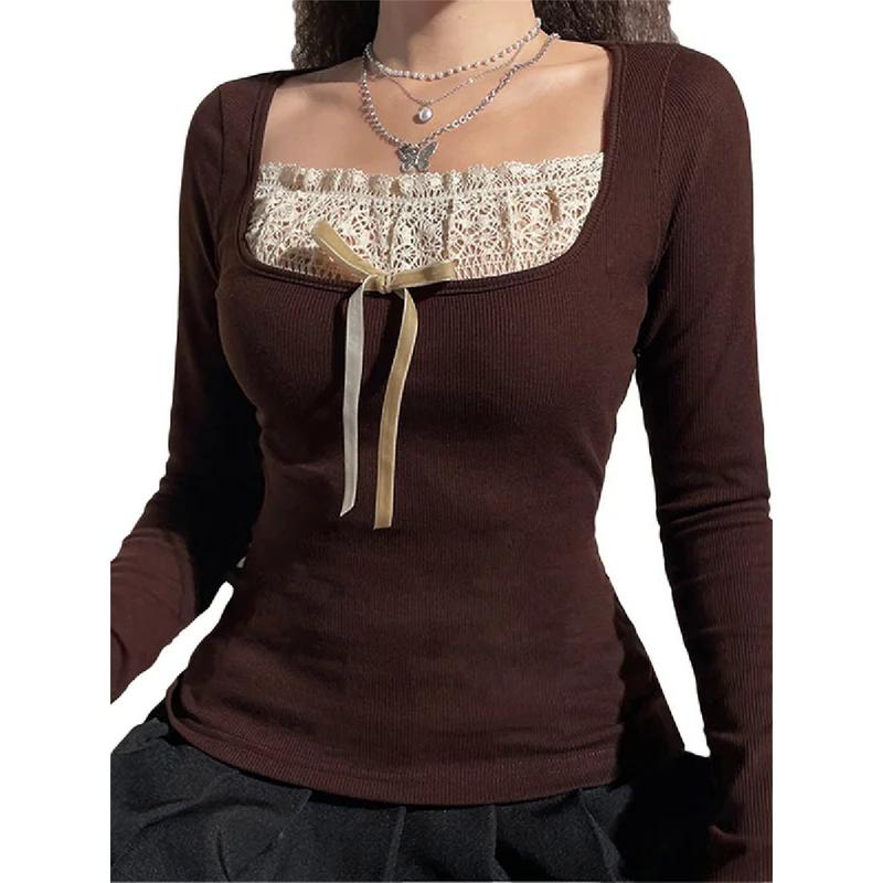 Women's 0-neck stitching lace long T-shirt Women's 0-neck stitching lace long T-shirt
