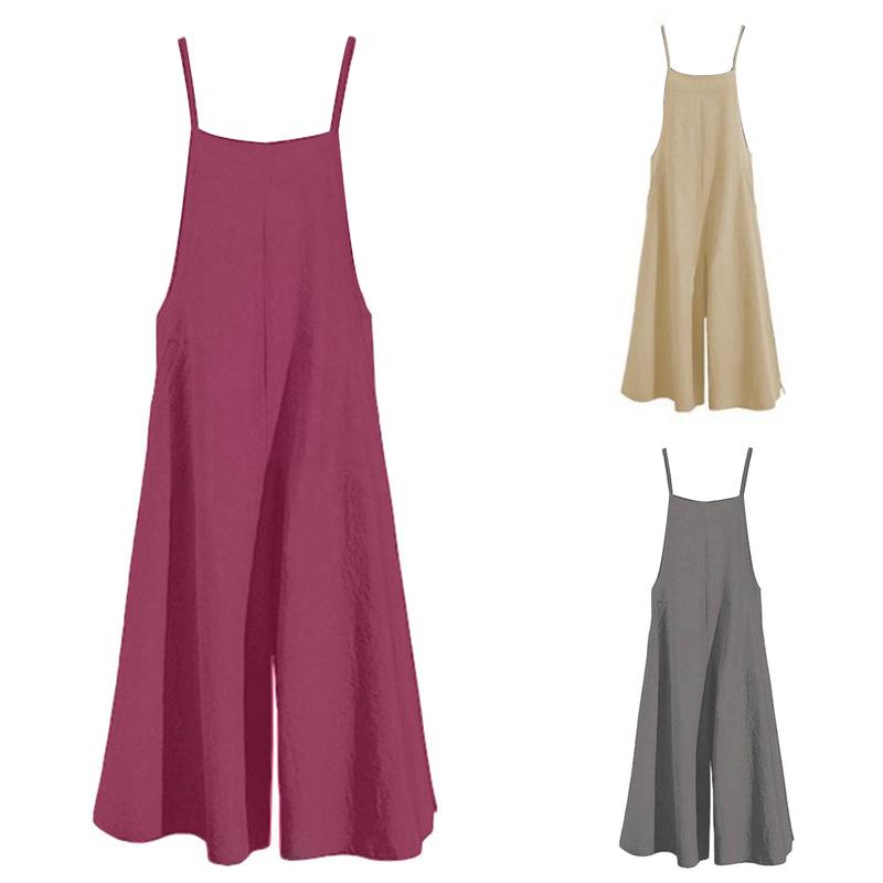 Women Jumpsuit Solid Color Wide Leg Summer Shoulder Strap Side Pockets Romper for Daily Wear 2
