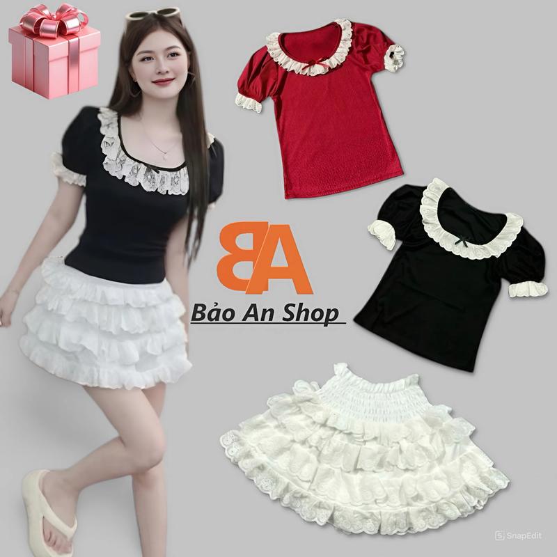 [SB3] Sét bộ nữ 2 món áo thun ôm body croptop tay ngắn viền bèo tiểu thư và chân váy ren hoa tầng có quần trong lưng thun eo 56-72cm Top Sen Women