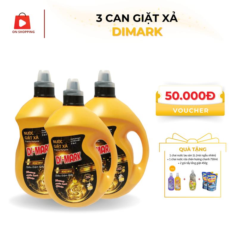 Combo 3 Can Giặt Xả Dimark 3.5kg Làm Sạch ON SHOPPING Hương Nước Hoa Pháp Tặng 1 Chai Nước Rửa Chén 450ml + 1 Chai Lau Nhà 1 Lít Và 2 Gói Tẩy Lồng Giặt 450g
