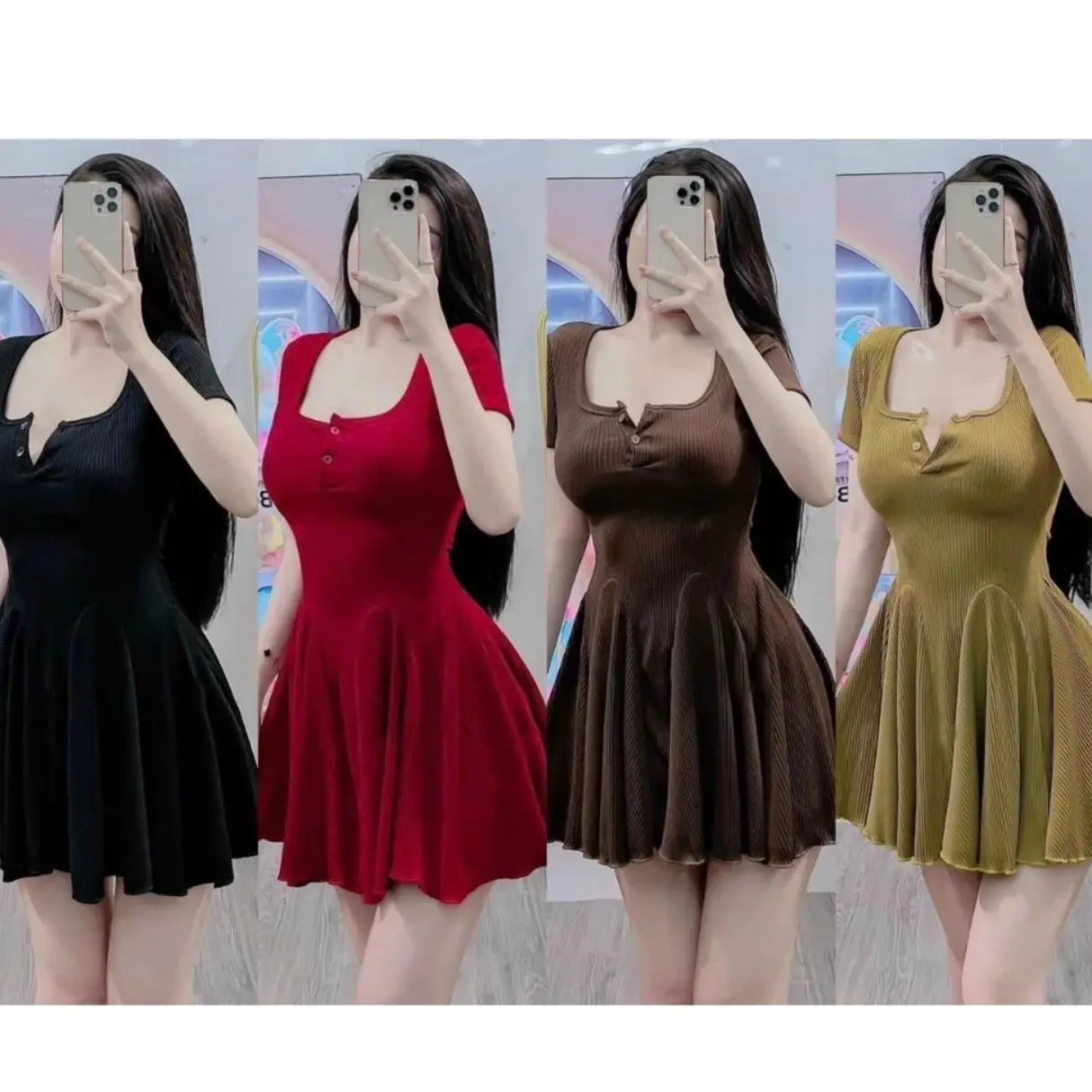 ĐẦM GÀI NÚT CỔ VUÔNG XÒE DÁNG NGẮN CHẤT THUN GÂN HOT