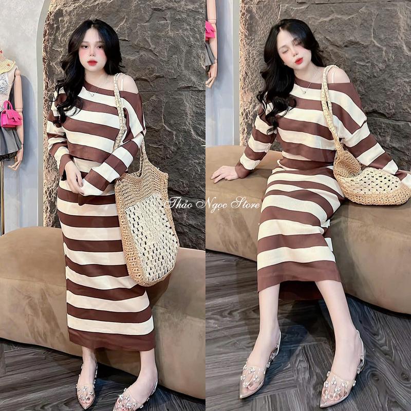 Set bộ len sọc màu nữ áo croptop trễ vai phối chân váy dài  SE-1 !  Thảo Ngọc Store  Nữ Women Sọc Kẻ Top Cổ Tròn 