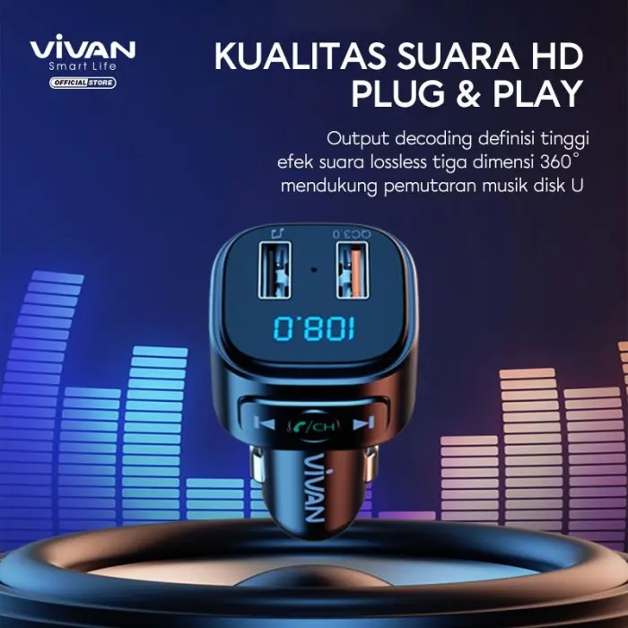 CAR CHARGER VIVAN VBT01 Dual Port 18W QC 3.0 Bluetooth5.0 Transmintter 2