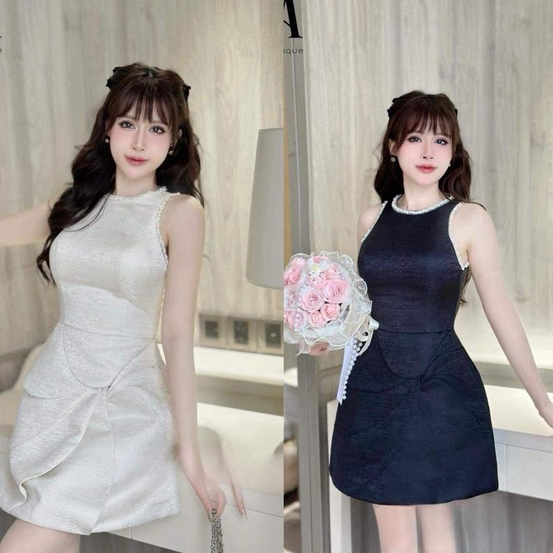  Váy tafta gấm phối ngọc hai màu trắng đen sang chảnh 