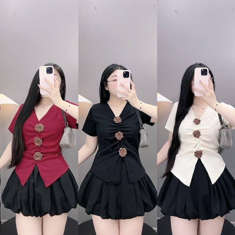 Set Tiểu Thư Bigsize Mùa Hè CÓ LẺ ÁO VÁY Áo Thun Cổ V TAY NGẮN Đính Nơ Điệu Đà Phối Váy Bí Dễ Thương Chất Vải Mềm Mịn Cho Nữ Chuppy 50-95kg Women A275 CV413