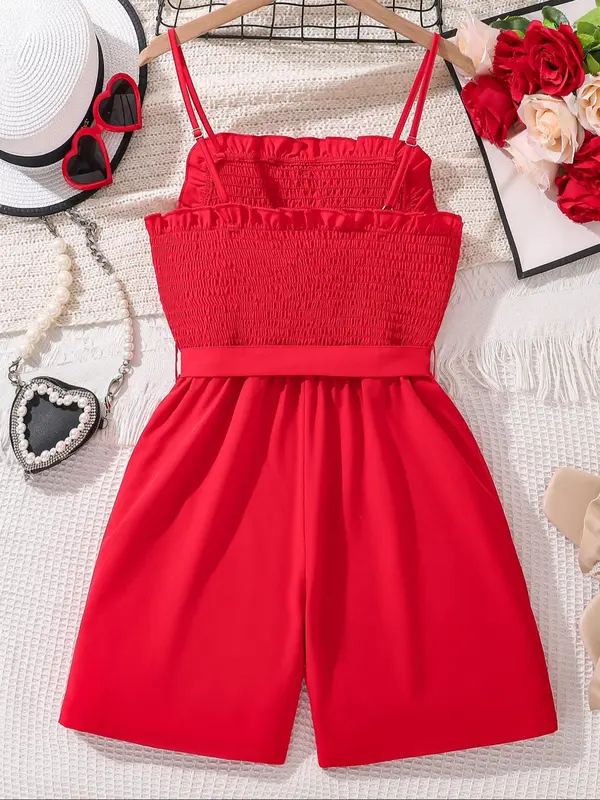 Toddler Girl's Solid Cami Romper with Belt, Elegant Fashion Casual Romper for Daily Outdoor Wear, Toddler Girls Clothing for Summer 1