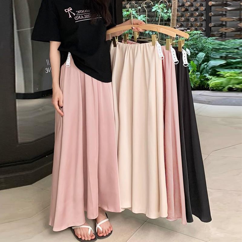 Young Mom | Chân váy lụa bầu form dài Q198 có 3 màu: Kem Đen Hồng chất vải Lụa satin thoáng mát form suôn A maxi thời trang Thai sản Thai kỳ Thoải mái Thoáng khí Váy Bầu Đầm Bầu Sandal Voi