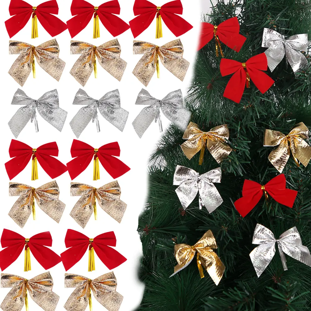 24pcs Christmas Bows Hanging Ornaments Golden Red Bowknot Christmas Tree Ribbon Bows Festive Party Supplies