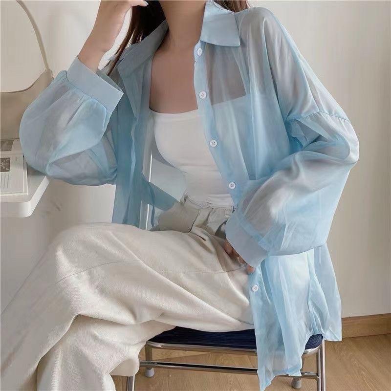 Áo sơ mi mỏng xuyên thấu nhiều màu dáng rộng freesize thời trang nữ Famos 3