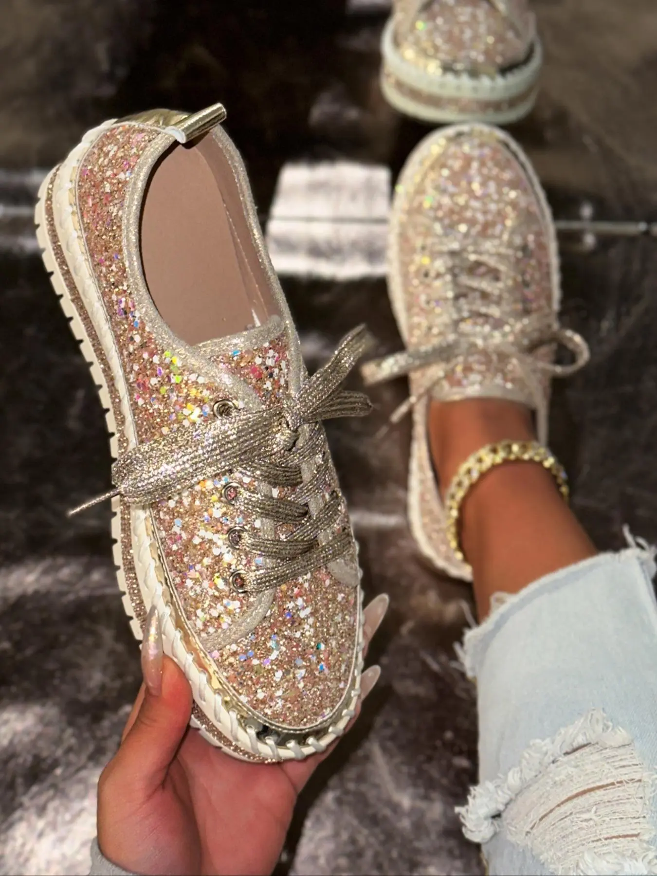 Fashionable Rhinestone Glitter Sneakers, Shiny Women's Comfortable and Stylish Sports Shoes, Perfect Shoes for Parties and Special Occasions