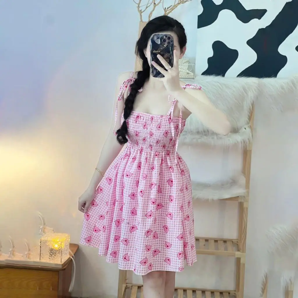 Đầm 2 Dây Nhún Chỉ In Họa Tiết Trái Tim, Pig, Chấm Bi & Kem Gấu - Thời Trang Nữ Màu Hồng Chất Liệu Kate Thoáng Mát,