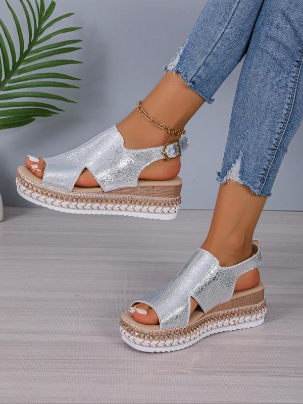 Women's Fashionable Solid Color Wedge Sandals, 1 Pair Casual Versatile Hollow out Design Buckle Decorated Sandals, Trendy Shoes for Summer 6