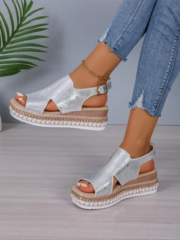 Women's Fashionable Solid Color Wedge Sandals, 1 Pair Casual Versatile Hollow out Design Buckle Decorated Sandals, Trendy Shoes for Summer 6