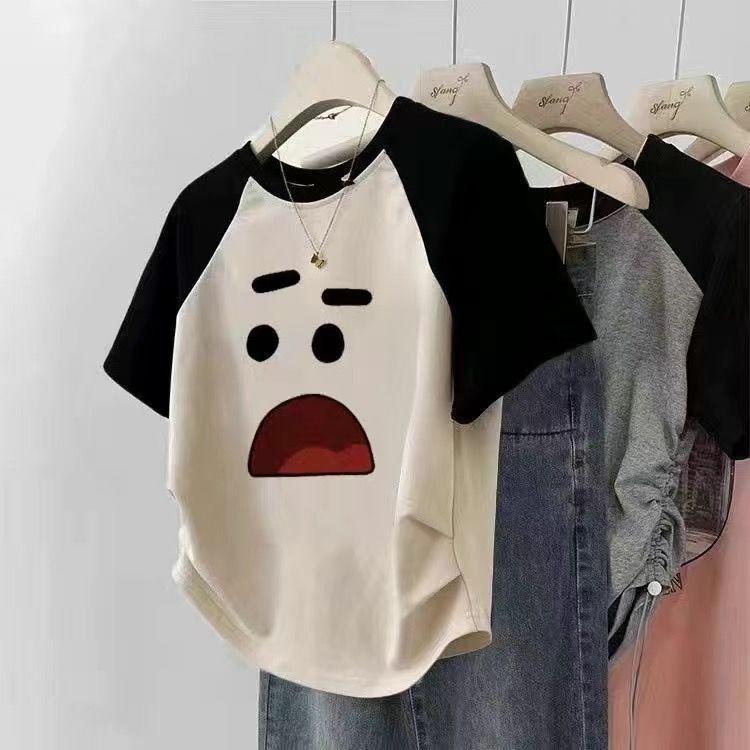 Áo Thun Ngắn Tay Raglan, Áo Ngắn Cổ Điển Mỹ Bất Đối Xứng Thiết Kế Dễ Phối Đồ Mùa Hè Dáng Ôm Xếp Ly Cho Nữ, 2024 Top Women Cổ Tròn 3
