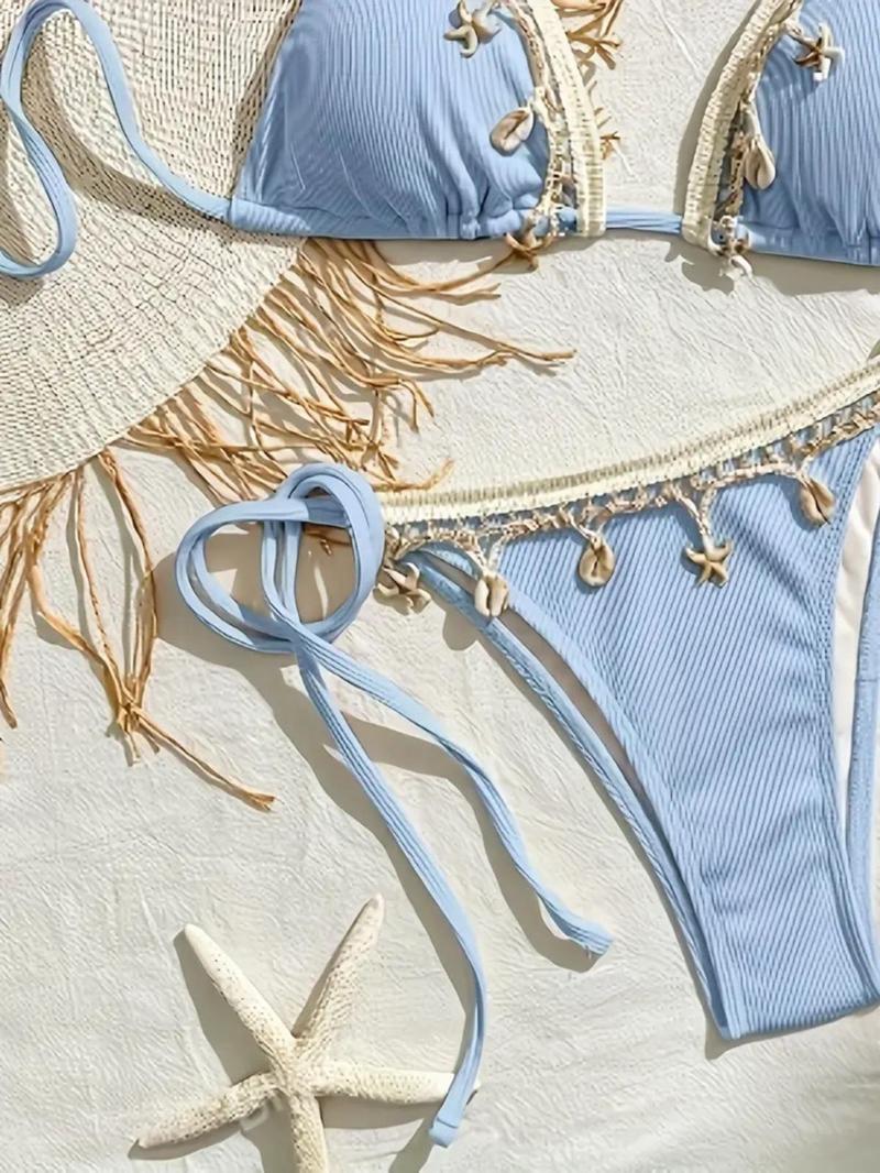Product Introduction of Women's Plain Shell Decor Tie Back Bikini Set, Casual Fashion Chic Swimsuit Set for Beach Holiday Vacation, Ladies Swimwear for All Seasons 4