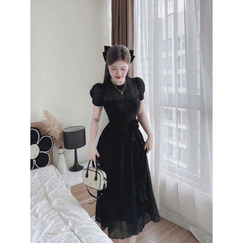 Đầm thiết kế dáng maxi chất ren cao cấp ôm vòng nhún eo tay ngắn đính bông 3 màu sang trọng mặc đi tiệc 5