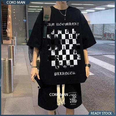 M-5XL, bánh quế, bộ đồ nam, áo phông kẻ caro, quần đùi ngắn tay, giản dị cộng với kích thước, phong cách Hồng Kông rộng rãi, bộ đồ hai mảnh