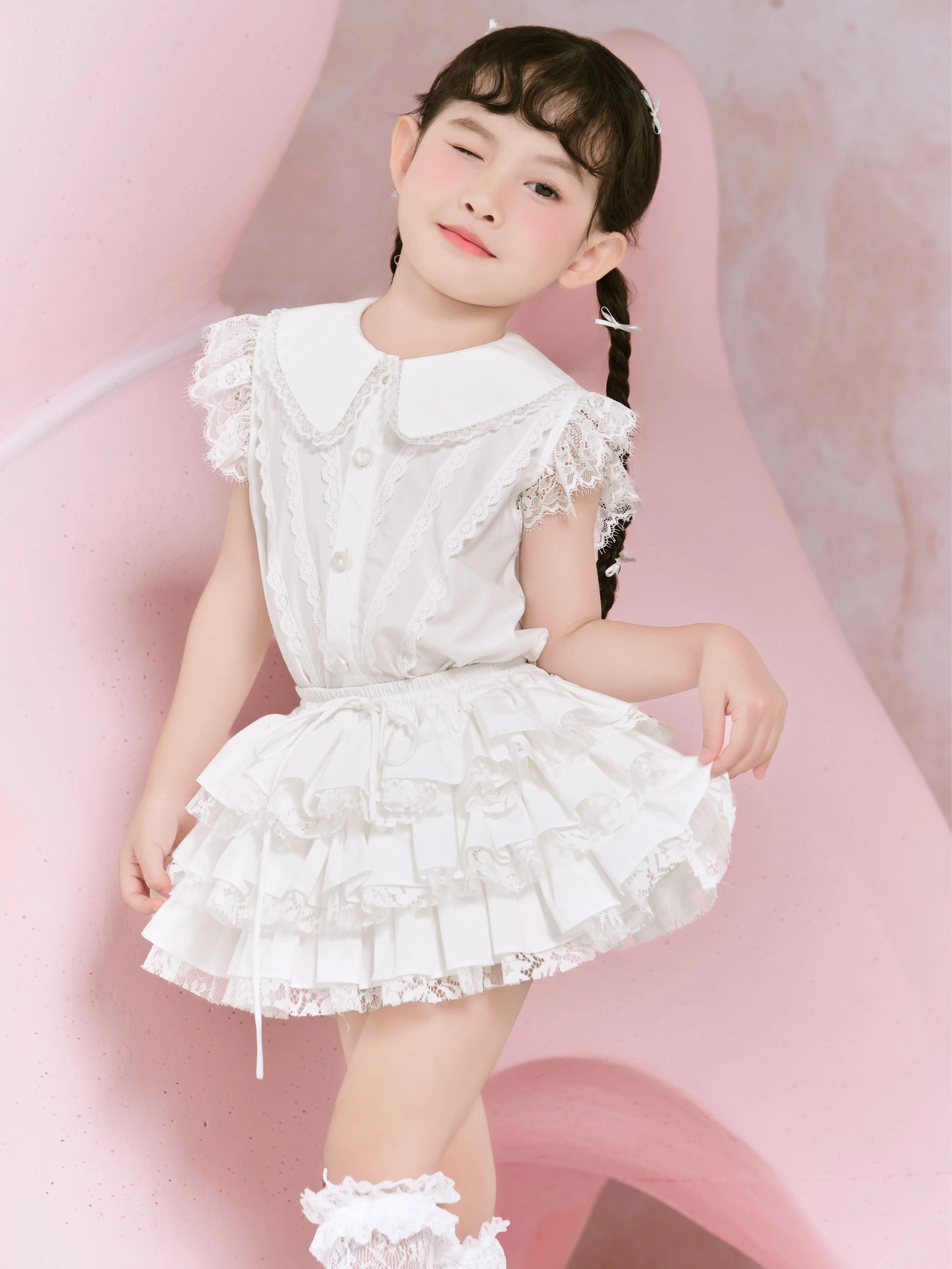 ( HEHEHIHI - MIKI DRESS) Set áo bé gái + chân váy ren màu trắng - V106