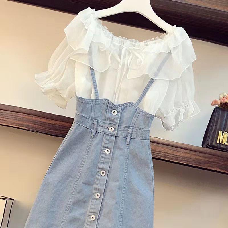 Váy / Bộ Đồ Không Lót, Quần Áo Nữ Cỡ Lớn Mới, Giấu Bụng, Cô Gái Béo, Váy Hai Dây Denim, Bộ Hai Mảnh Nhỏ, Umi, Nhung Women 7