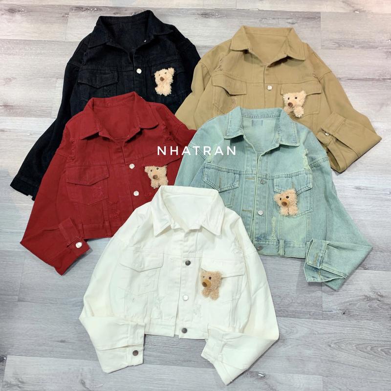 nhatran - Áo khoác jean nữ croptop phom ngắn xước kiểu chất Denim Cotton Women Jacket GẮN GẤU