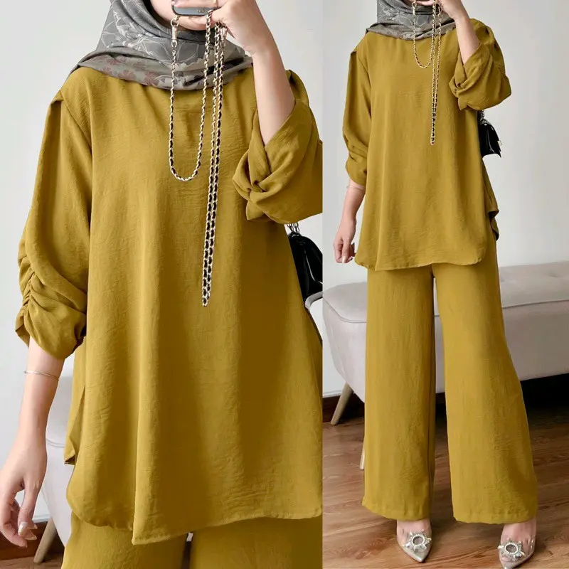 Raveena One Set Tangan Kerut | Setelan Baju Atasan Wanita Dewasa Muslim Karet Crinkle Airflow | Celana Kulot Panjang 4