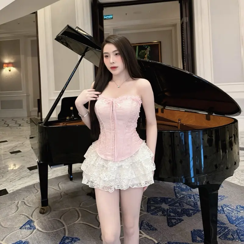 Sét áo CORSET CÚP NGỰC Khuy cài XƯƠNG CÁ+chân váy REN 4 TẦNG tiểu thư sang chảnh ĐI CHƠI ĐI TIỆC(có gọg) 1