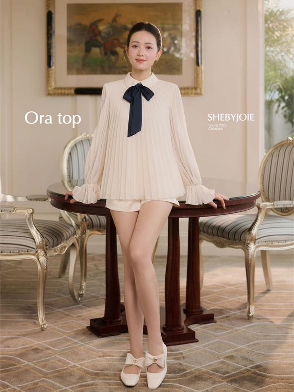 JOIE DES ROSES - Áo babydoll cổ sen tay dài bo chun phối nơ ORA