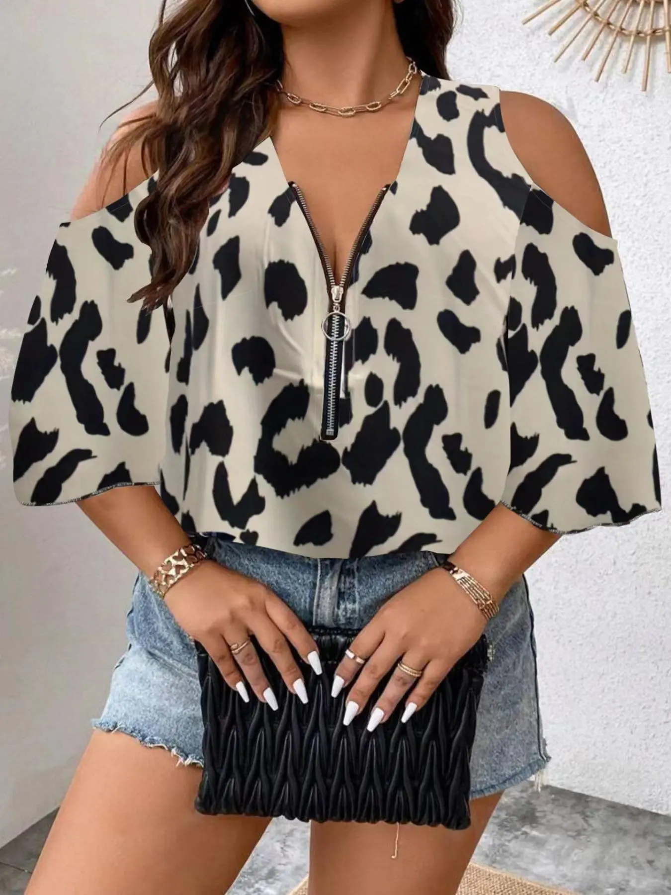 Plus Size Leopard Print Cold Shoulder Blouse, Casual Half Sleeve Zipper Top for Summer, Women's Clothes for Daily Wear