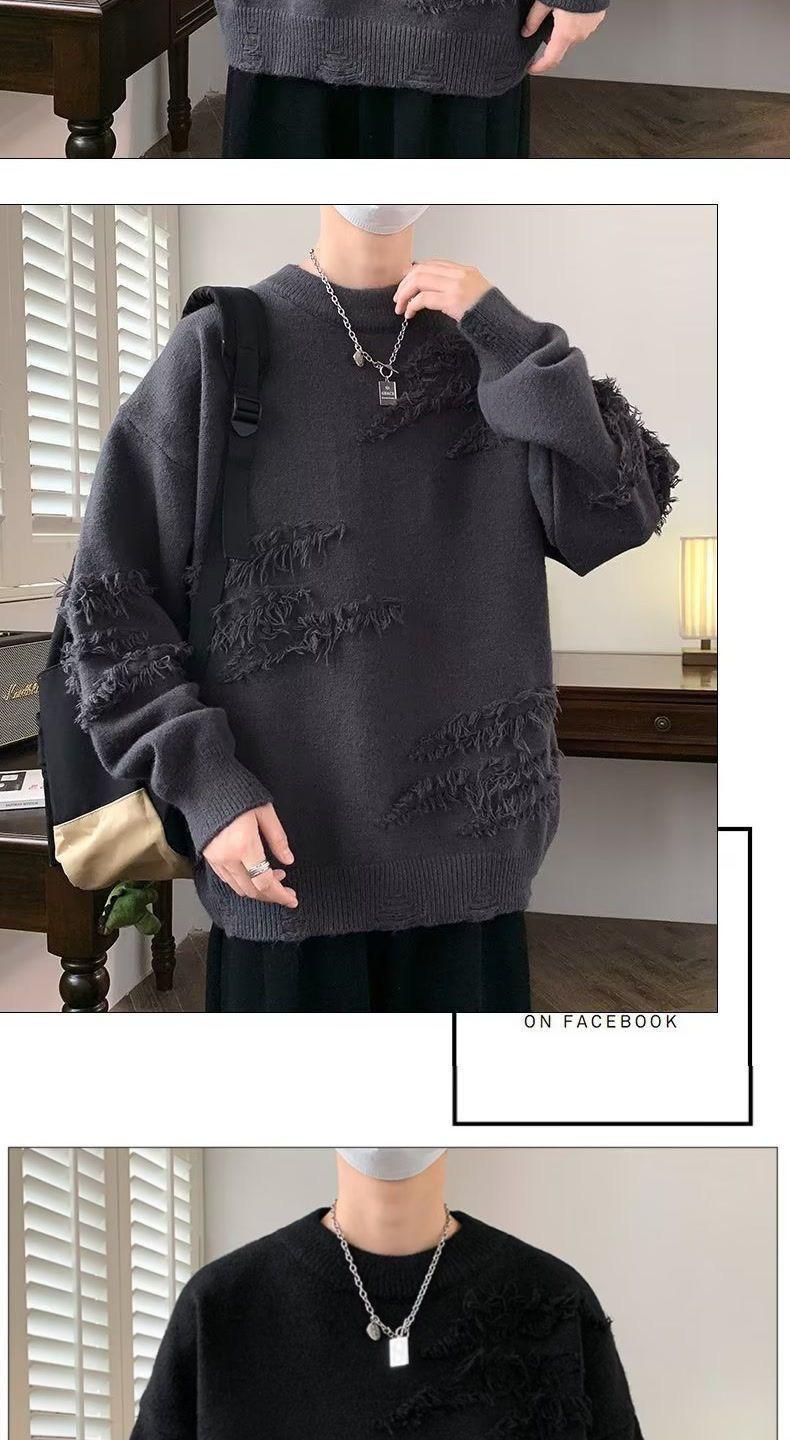 Product Introduction of Unique Round Neck Sweater Autumn Winter Trendy Brand Cool Loose Knitwear Men Japanese Retro Lazy Sweater Jacket Closed 24