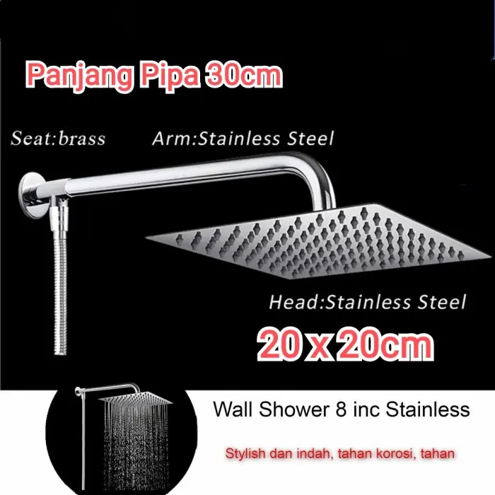 Paket Wall shower Rainfall Kotak 8 inch pipa 30cm - tanpa selang