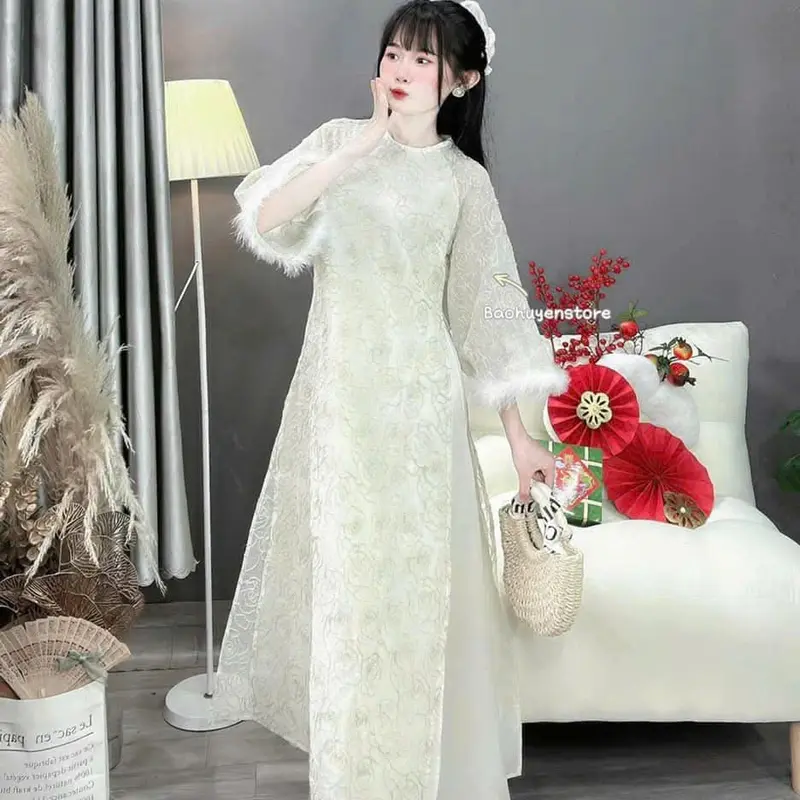 Áo dài Von tơ thêu phối tay nông cách tân hot trend chụp anh đi chơi du xuân 2025 Nữ Women Dress Cổ Tròn Voan 3
