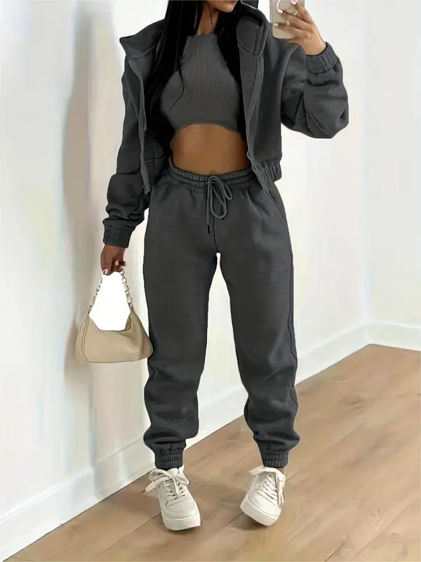 Women's Solid Pants Set, Casual Round Neck Crop Top & Drawstring Waist Pants & Zipper Hoodie, 2 Piece Sets Women, Co Ords for Women, Spring & Fall Outfits, Co-ords Set, Please Purchase A Size Up, Pink Two Piece Set Rave 4