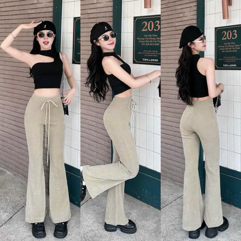 Quần Dài Ống Loe Len Tăm Form Ôm Co Giãn Nhẹ Tôn Dáng Cho Nữ Myn3939 Ong Women Voi girl phố cột dây trắng - Freesize Dưới 58kg