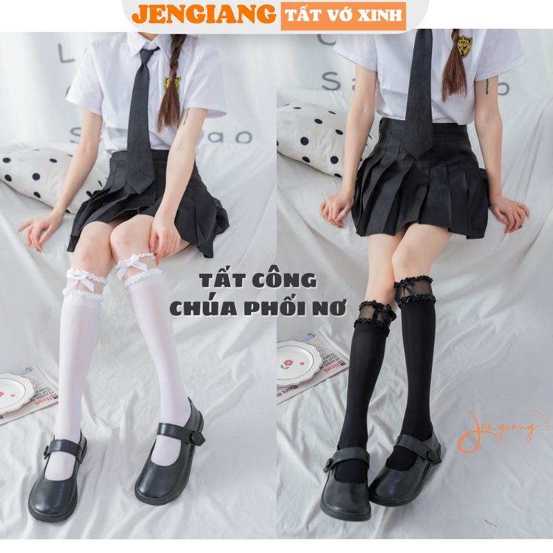 Tất cao cổ nữ đến gối ren lưới đính nơ công chúa Jengiang phong cách JK Y2K Nhật Bản