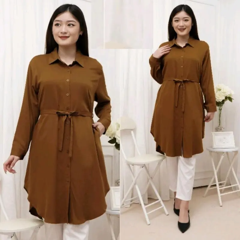 Tunik Kemeja Basic Polos Wanita Bahan Adem dan Nyaman Dipakai Pas untuk Kuliah, Hangout, atau Kerja - Azka Collection - Kain Shakila Lembut Busui Muslim jumbo Tangan Panjang 5